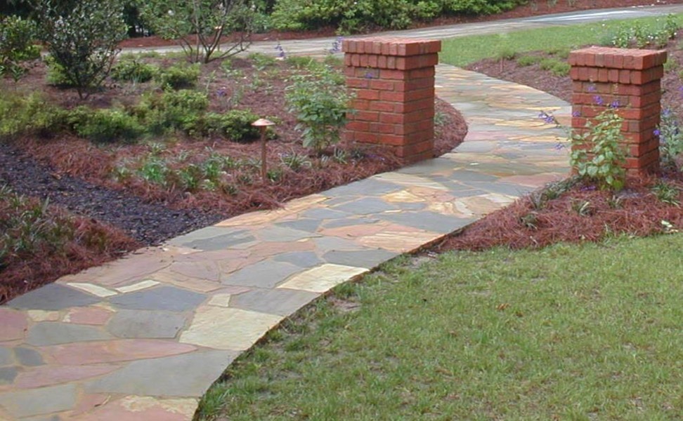 Flagstone walkways stone steps shadow stacked stone walls ...